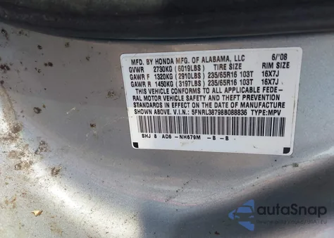 2008 Honda Odyssey Ex-L из США, поврежденный, VIN 5FNRL38798B088836